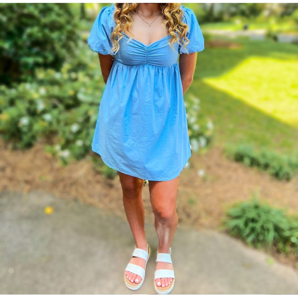 Light Blue Puff Sleeve Summer Dress